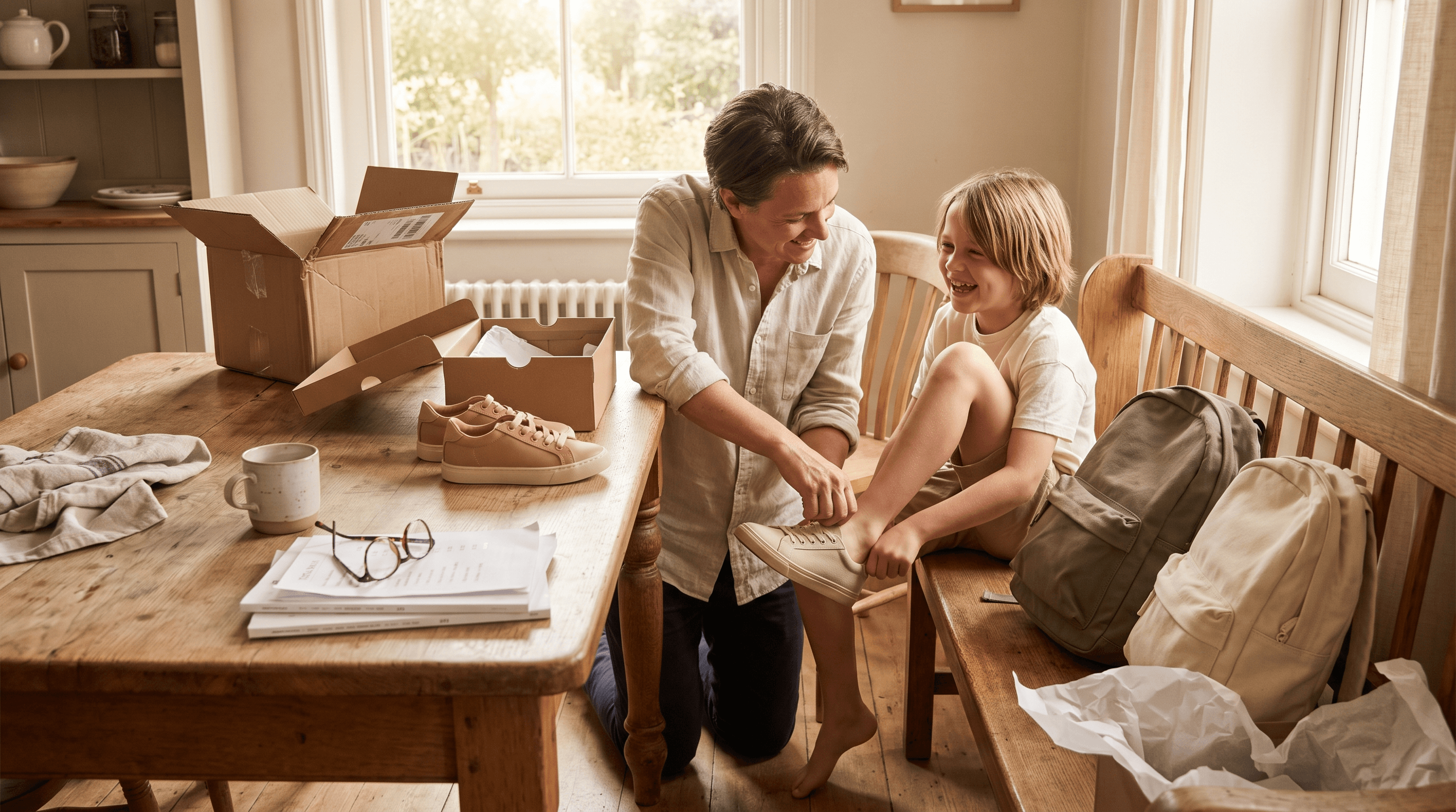 Parent helping a child try on new school shoes from a delivery box at a kitchen table, with backpacks nearby