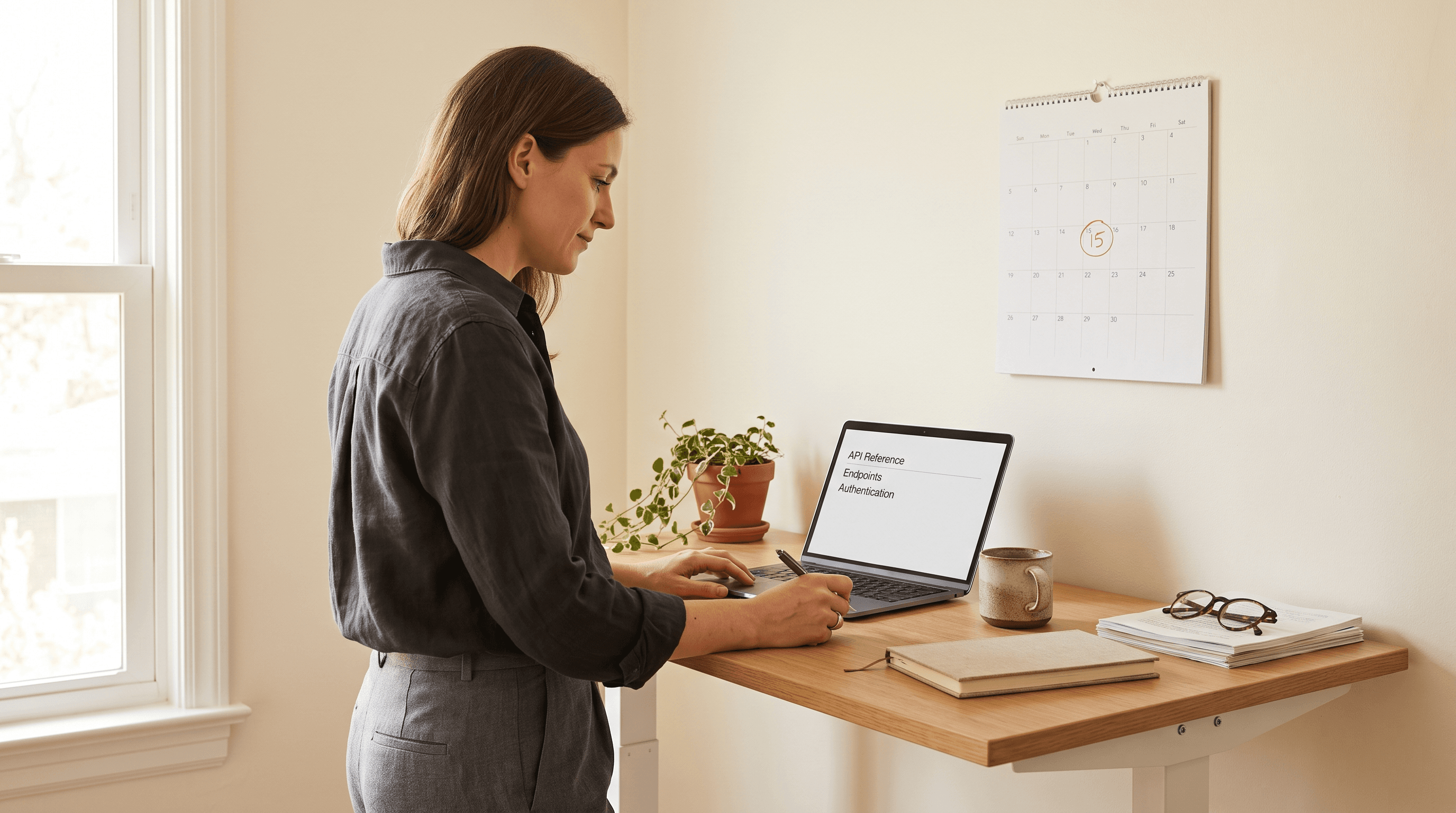Founder at a standing desk reviewing API documentation with a wall calendar date circled behind her
