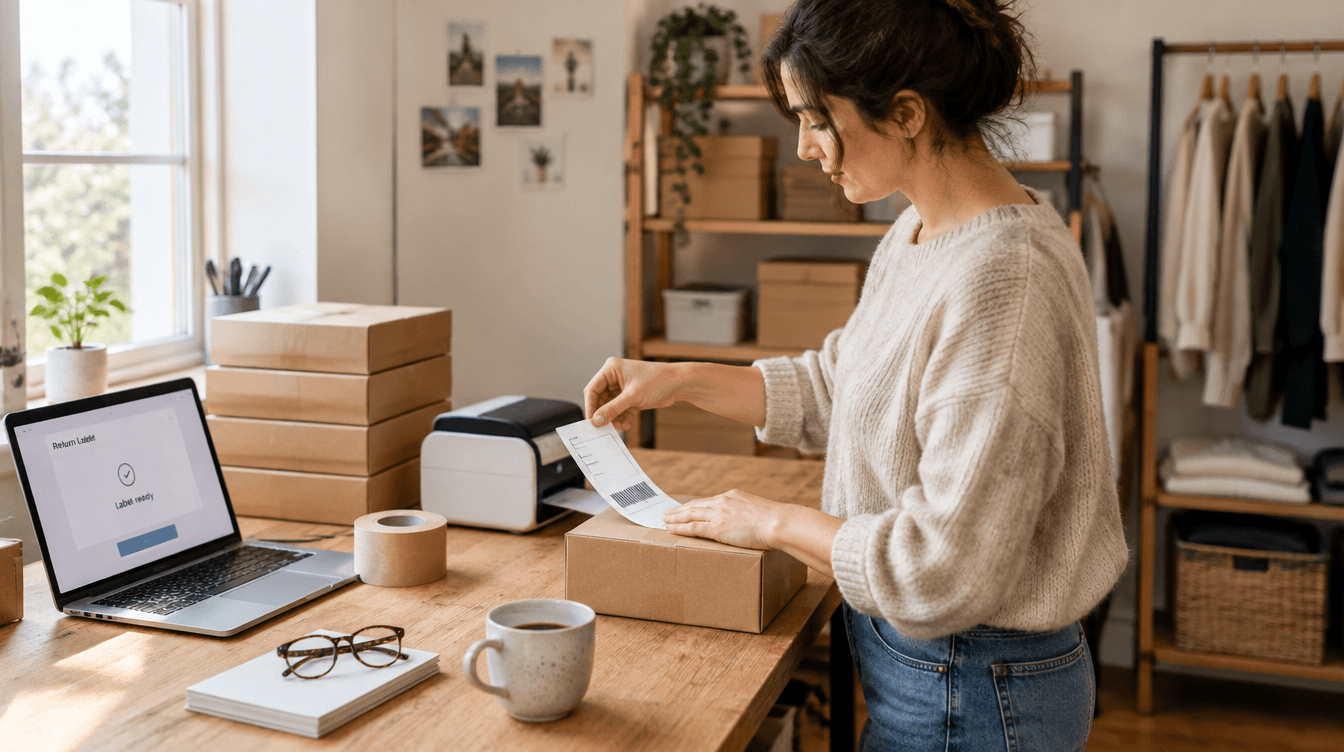 Online clothing store owner at a wooden packing bench applying a freshly printed return shipping label to a kraft-paper parcel, with a thermal label printer, stacked boxes and a laptop showing a Label ready screen