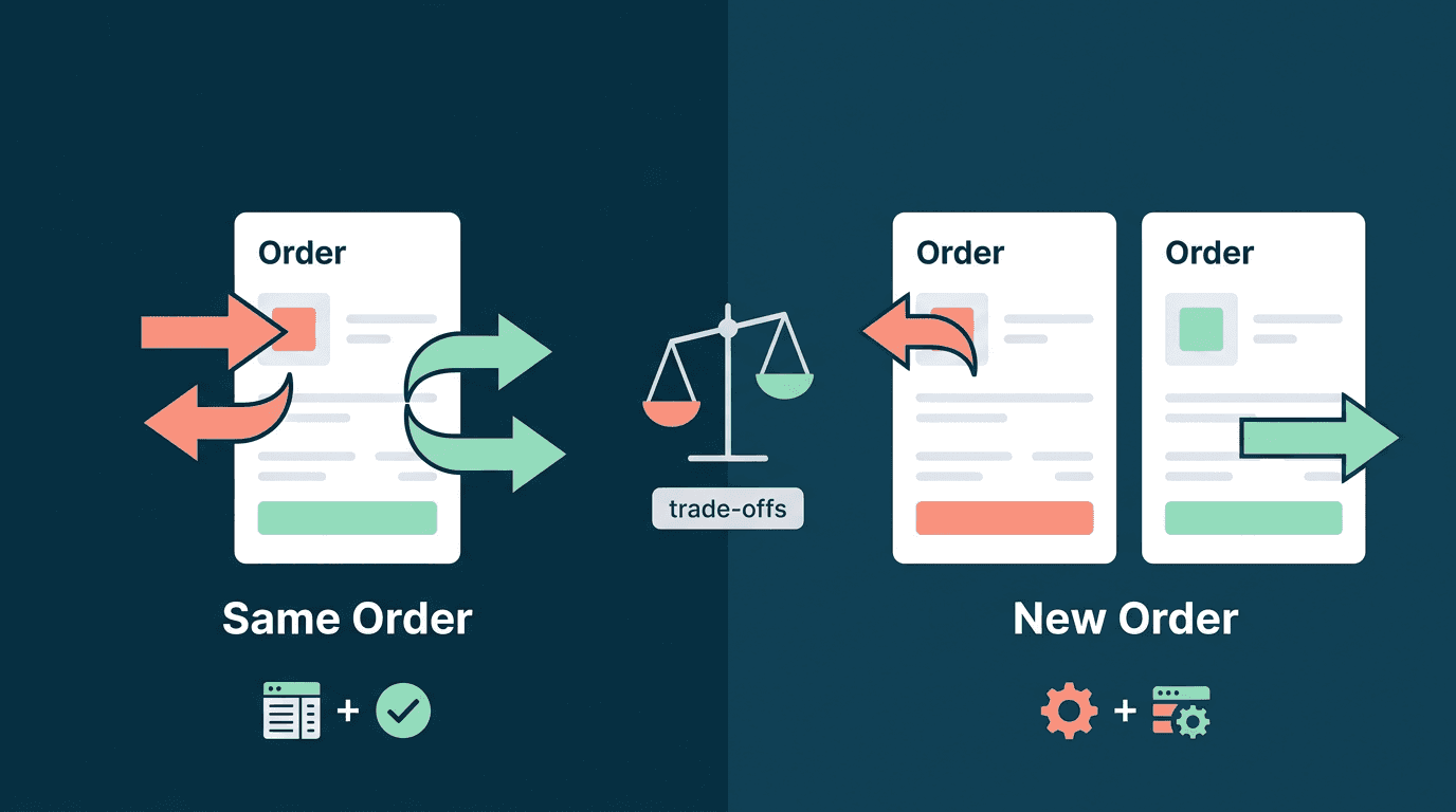 Shopify exchange workflow comparison between same-order fulfillment and new order approaches