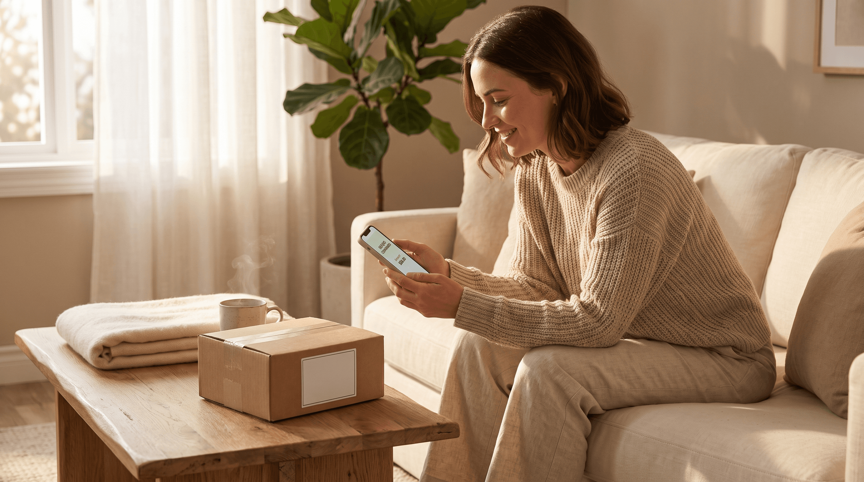 Shopper on a couch smiling at a refund confirmation on her phone beside an unopened parcel she gets to keep