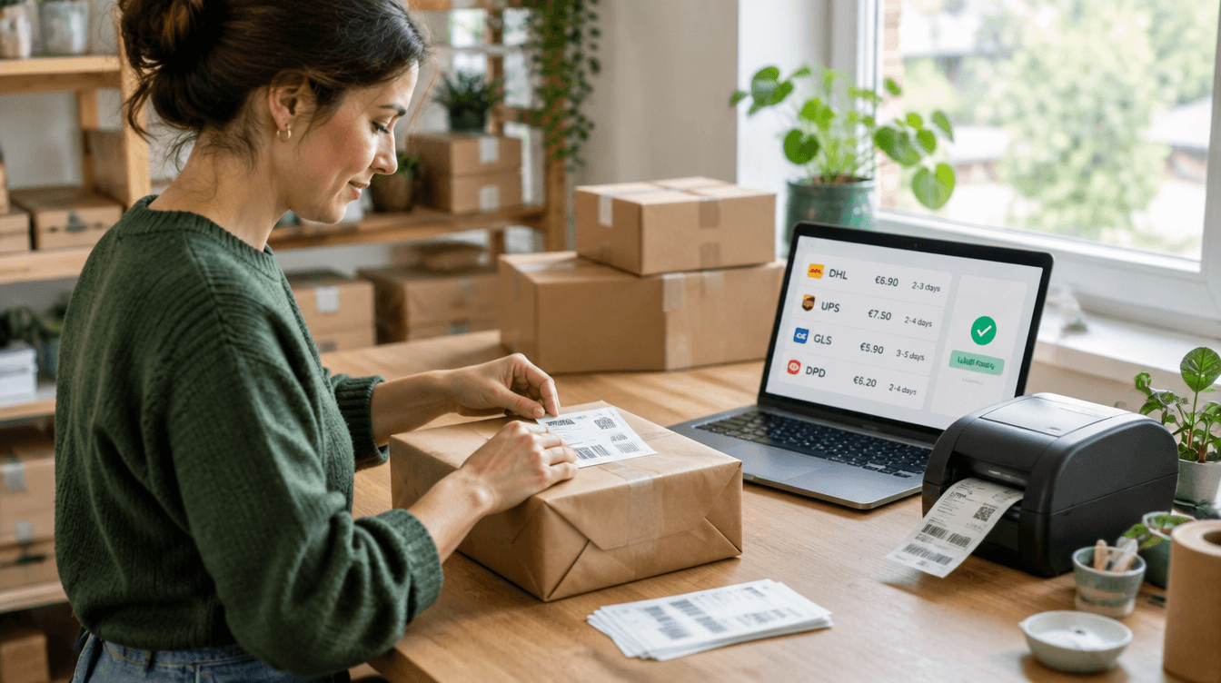 European ecommerce merchant at a packing station printing a return shipping label for a cross-border parcel, with a laptop showing a list of carrier rates and a Label ready confirmation