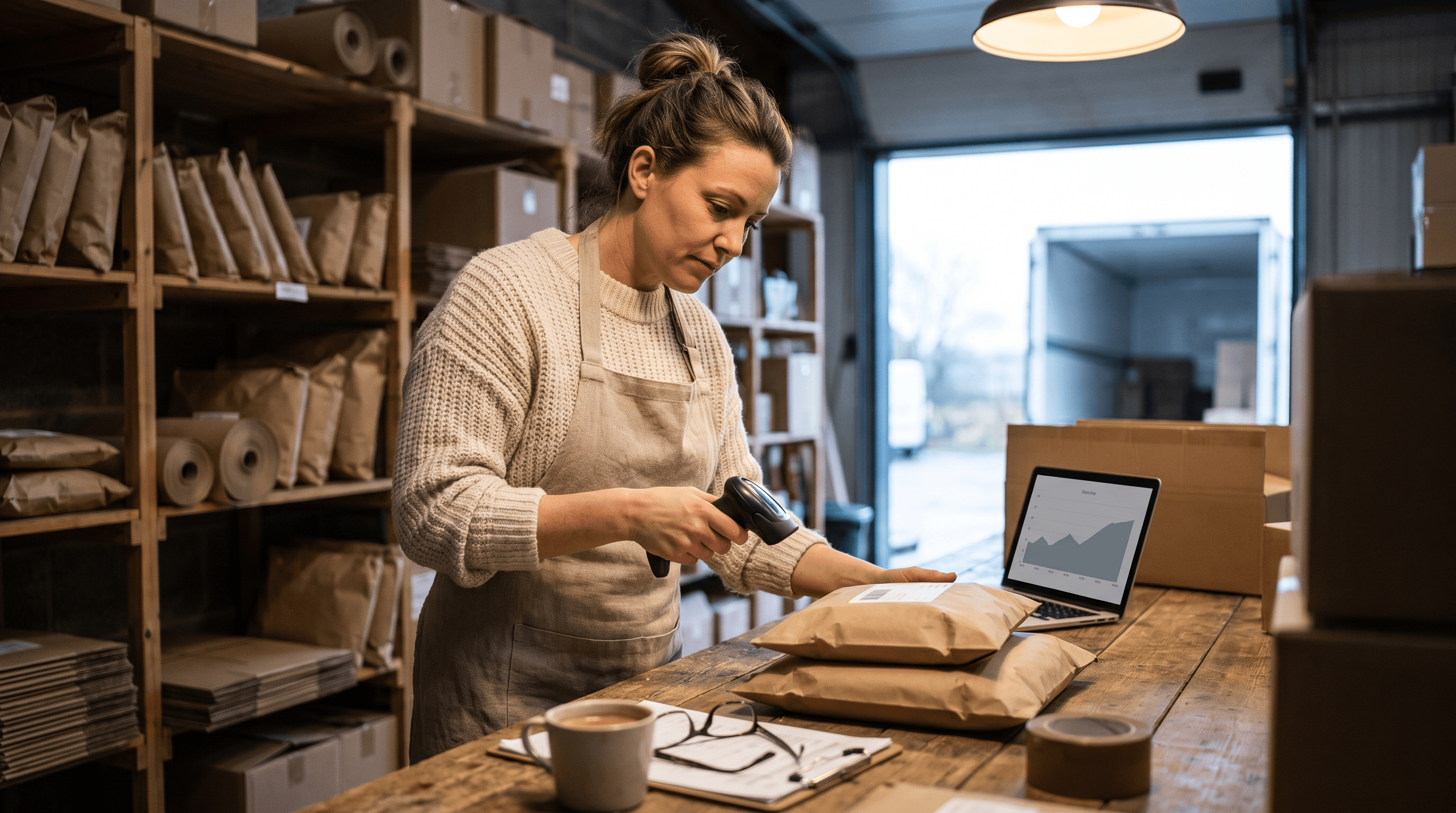 Store owner scanning a stack of returned parcels in a small warehouse returns area