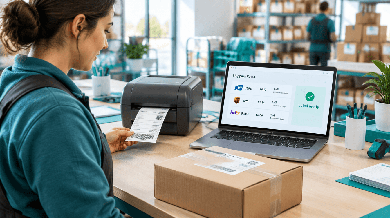 Ecommerce fulfillment worker at a packing bench printing a return shipping label from a thermal printer, with a return parcel on the desk and a laptop showing a list of carrier rates and a Label ready confirmation
