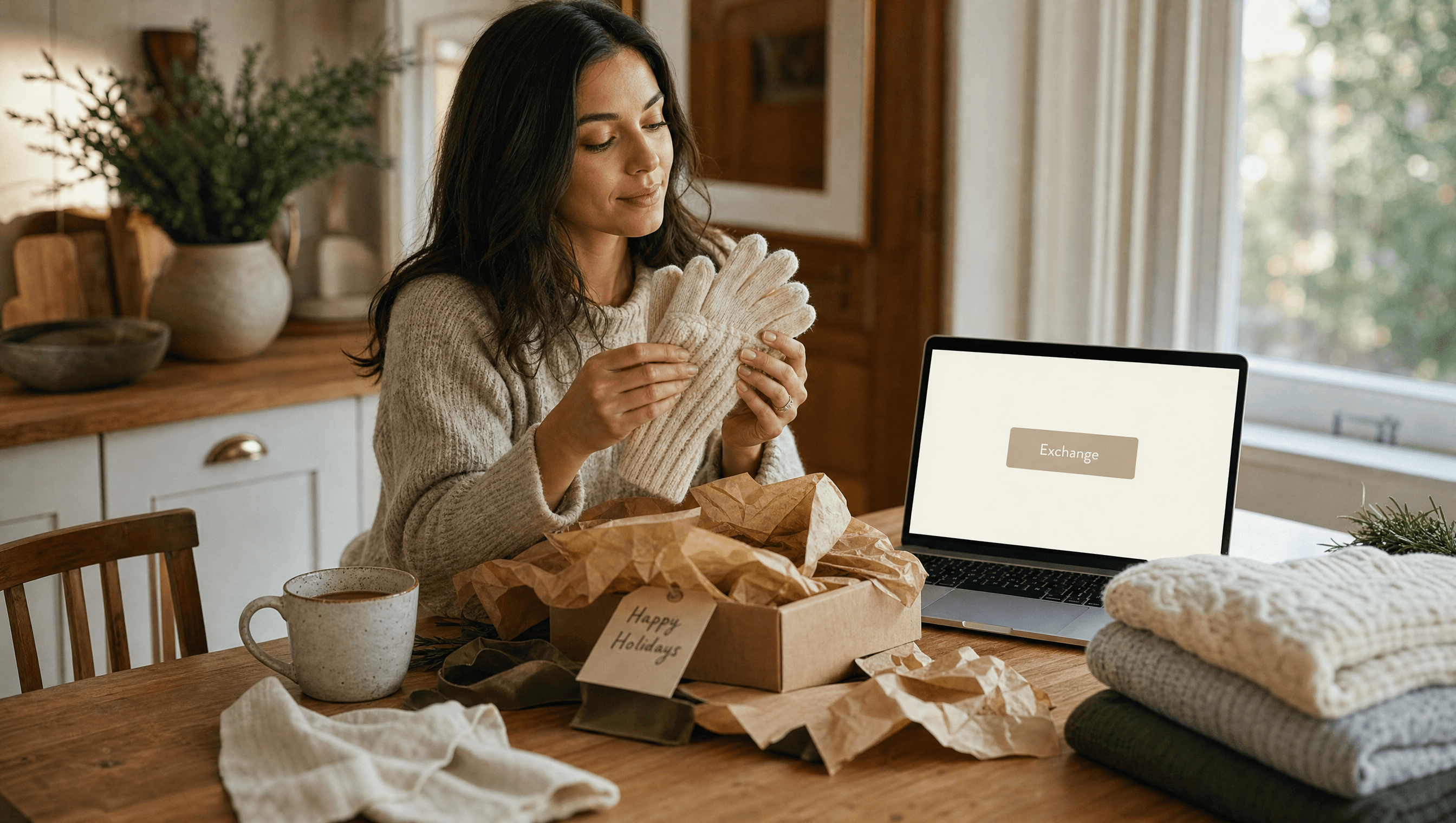Woman at a sunlit kitchen table inspecting cream knit gloves from a half-unwrapped gift box, with a laptop showing a simple Exchange button