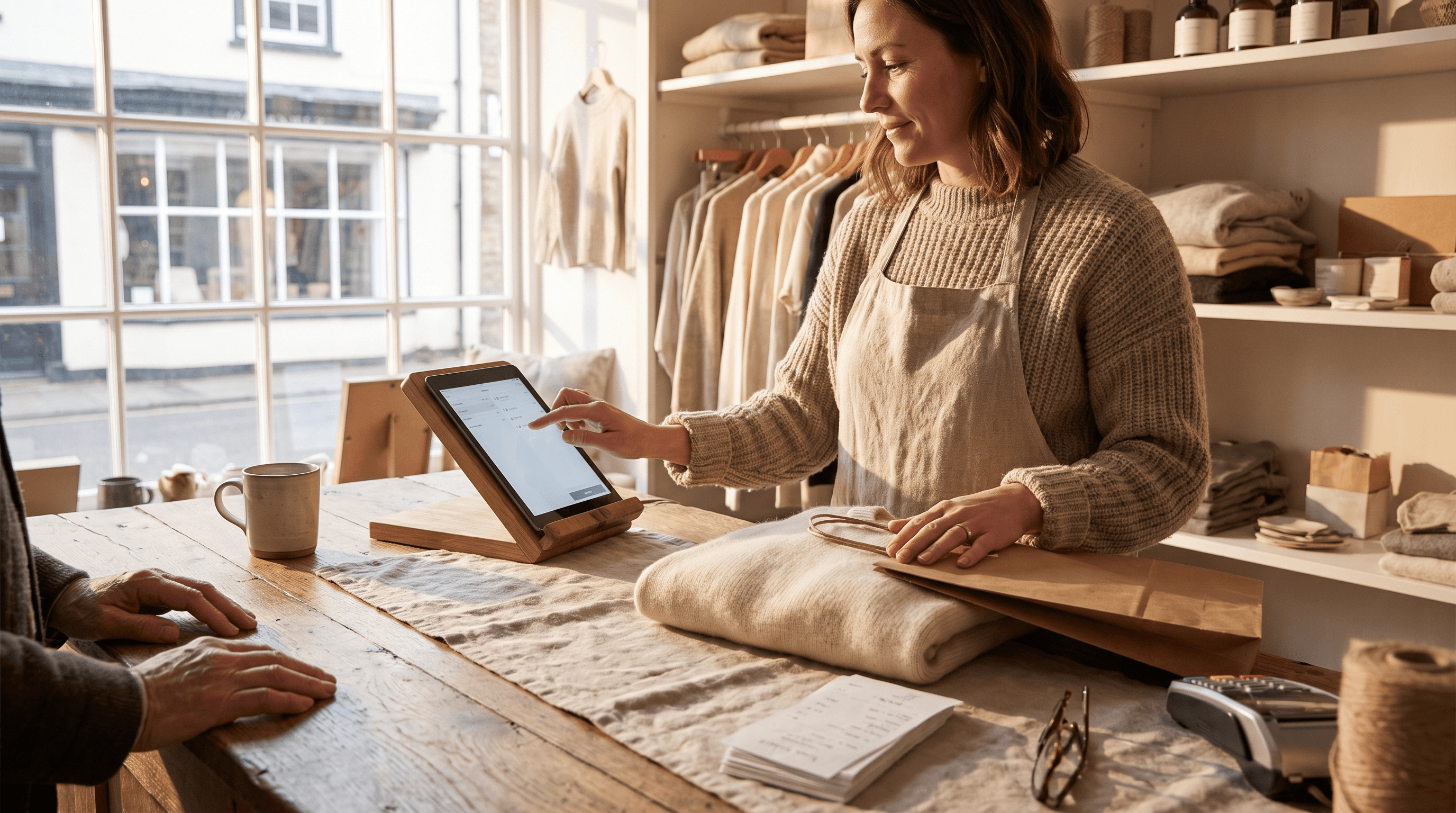 Boutique shop owner processing a return and exchange on a POS tablet at a wooden retail counter