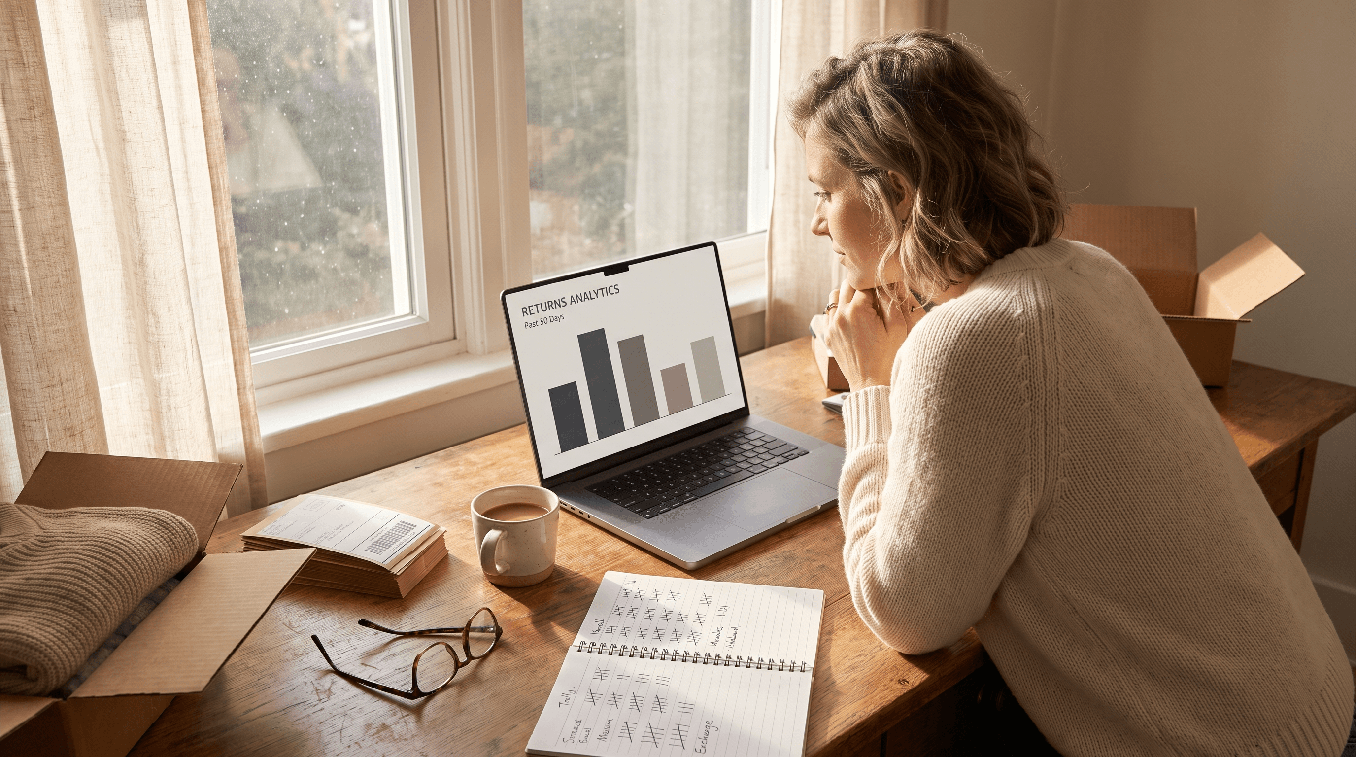 Shopify store owner reviewing a returns analytics chart with return reason data on a laptop