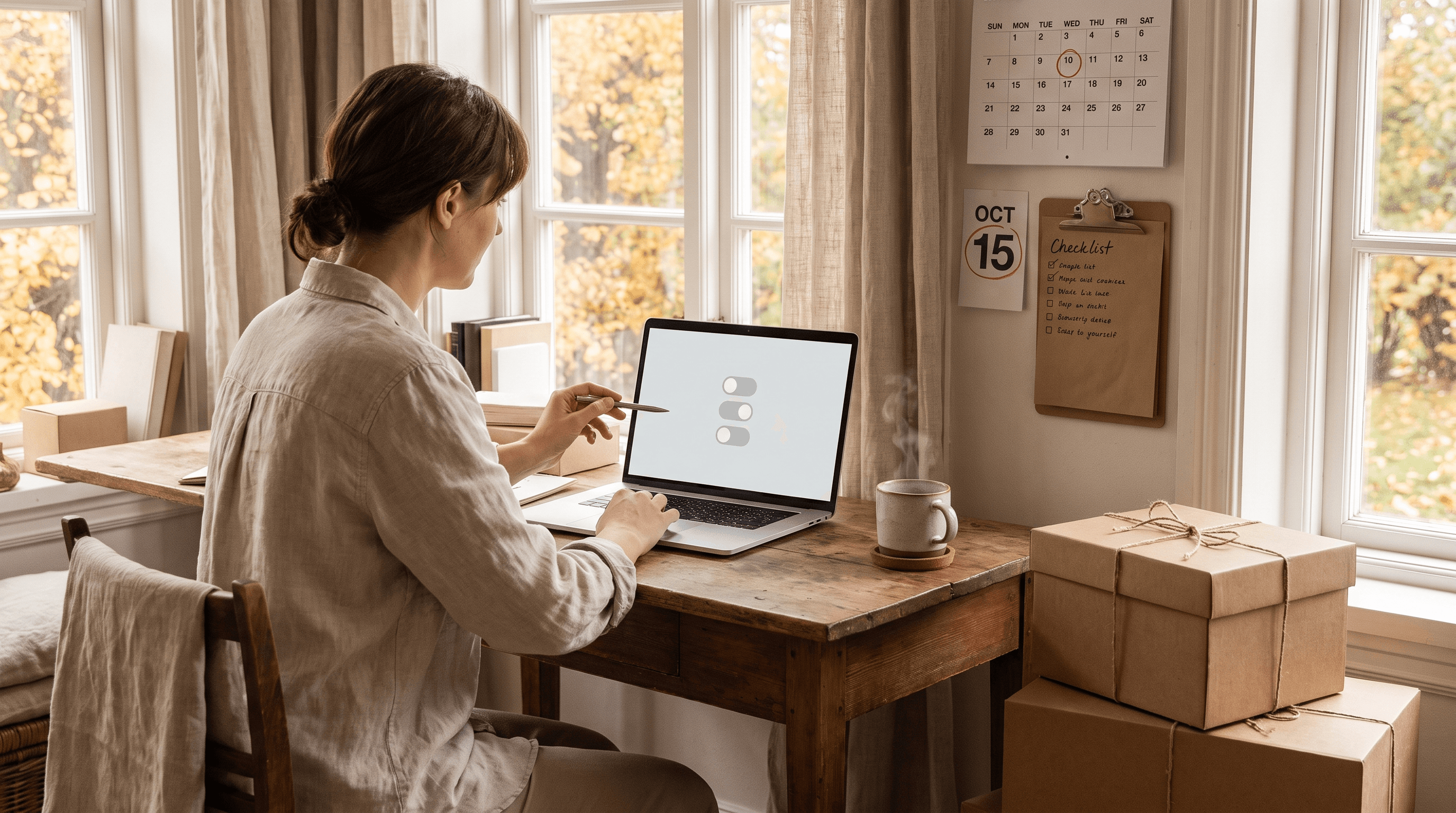 Online store owner in a sunlit home office pointing a pen at a laptop with simple toggle switches, beside a calendar with a circled date, a checklist clipboard and wrapped gift boxes
