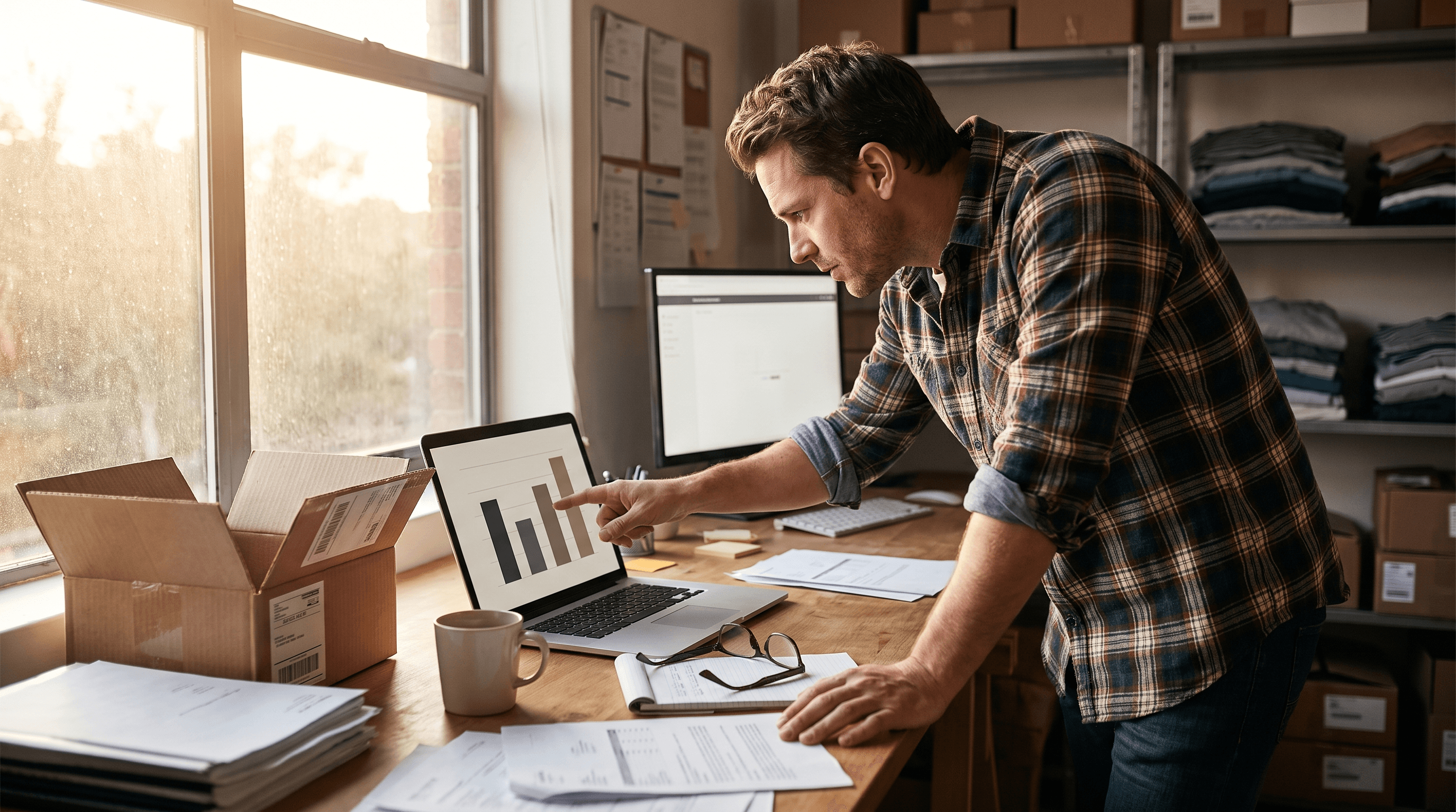 Shopify apparel store owner pointing at a return analytics chart on a laptop in a back-office warehouse, comparing conflicting numbers with a coffee mug and open return shipment box nearby