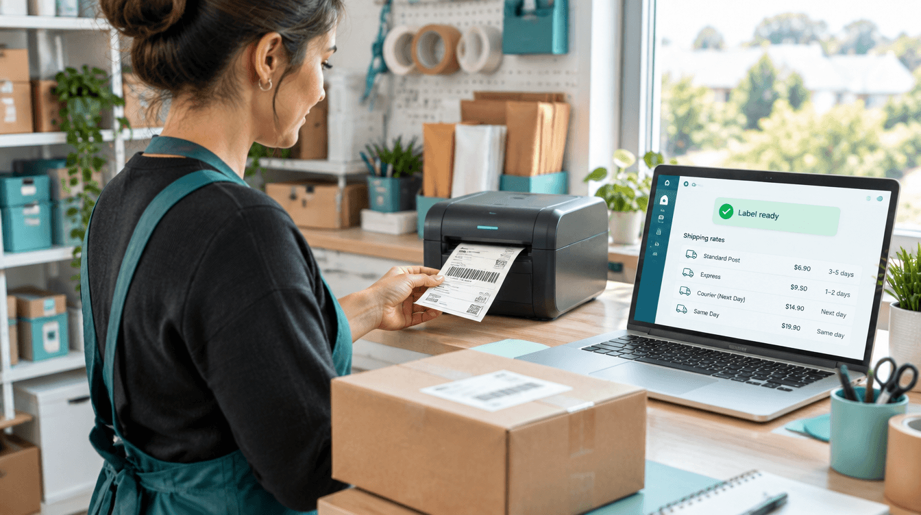 Ecommerce shipping desk at an Australia or New Zealand small business, a worker printing a return shipping label from a thermal printer, with a return parcel on the bench and a laptop showing a list of courier rates and a Label ready confirmation