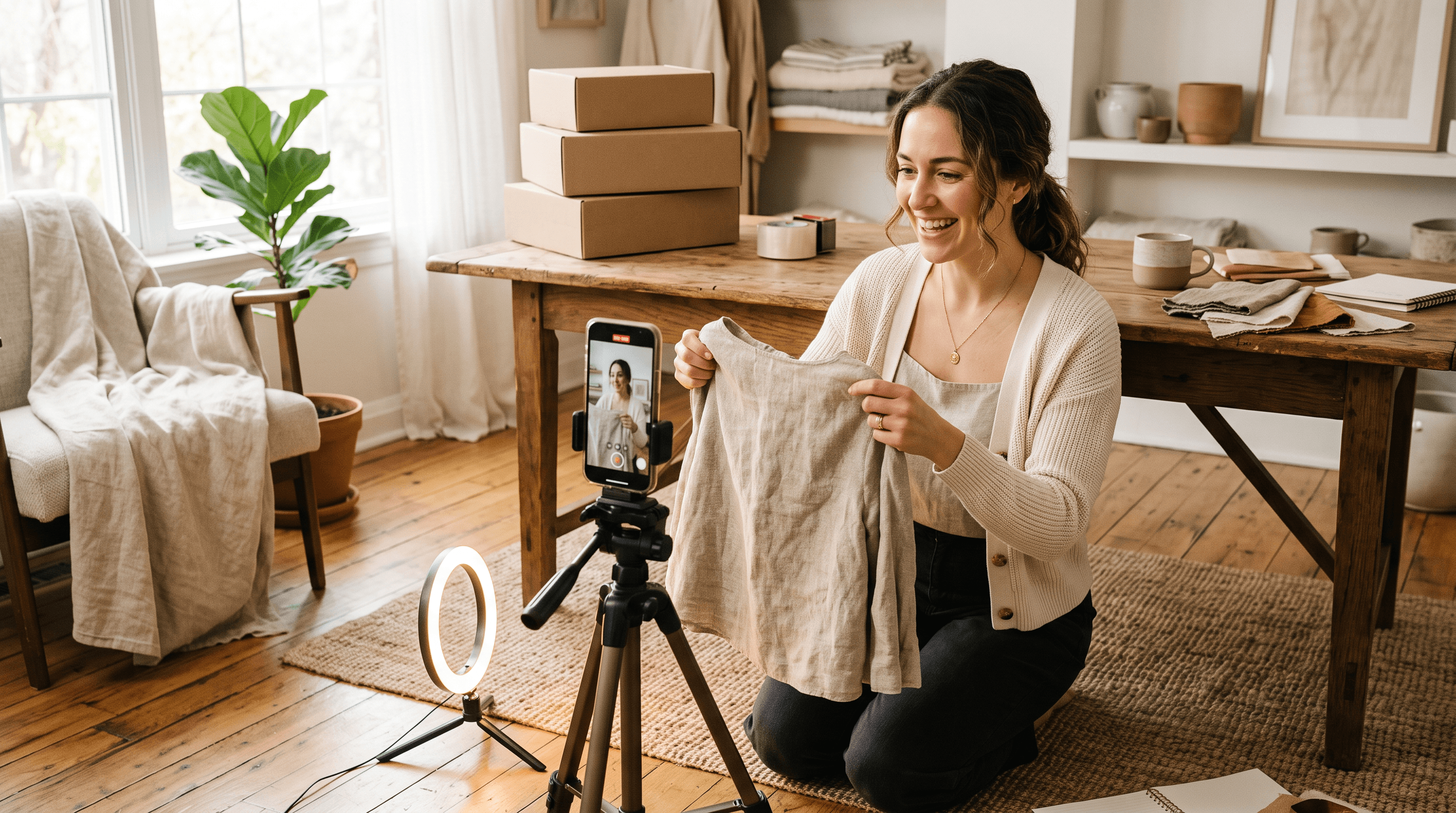 Small-brand owner filming a product unboxing video for social commerce beside a stack of shipping boxes